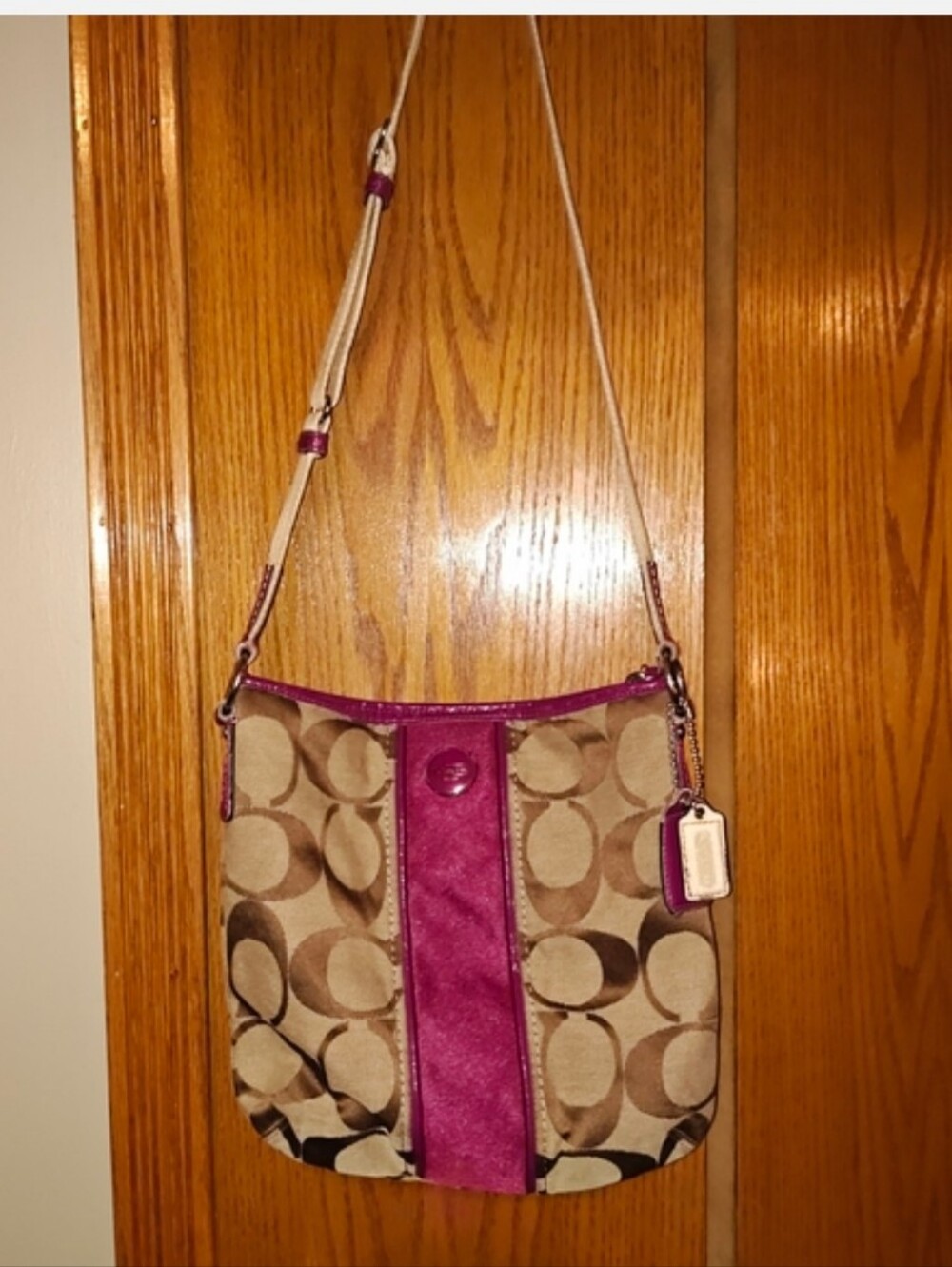 Coach Khaki Signature Crossbody with Magenta Trim